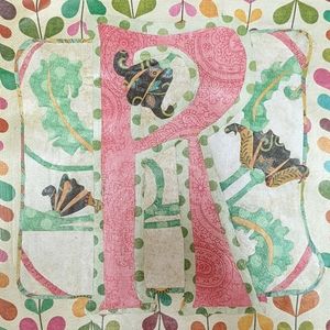 Artisan handcrafted R in flowers original art collage. Fits 12x12 frame.